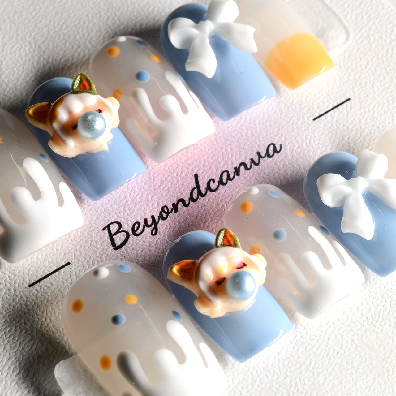 Cute Blue Square Medium Handmade Press On Nails With Diamonds-BEYONDCANVA
