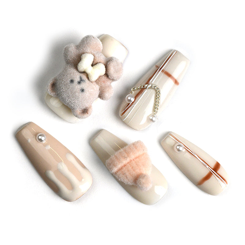 Exquisite Cute Multi-Color Acrylic Long Coffin Bear Design Handmade Press On Nails BEYONDCANVA