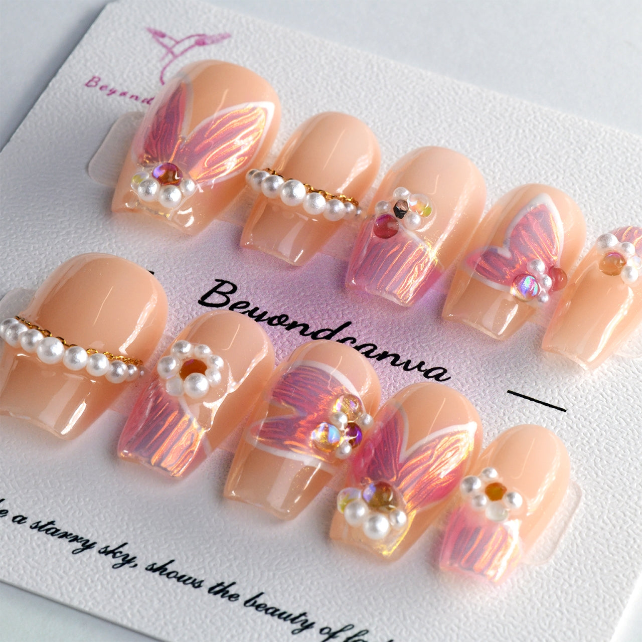 Elegant Nude Short Coffin Butterfiy Design Handmade Press On Nails With Diamond-BEYONDCANVA