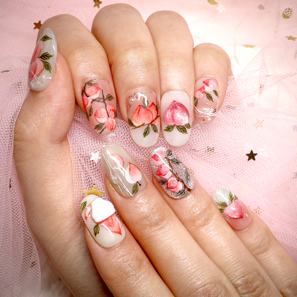 Peach Blossom Elegance Handmade Press On Nails