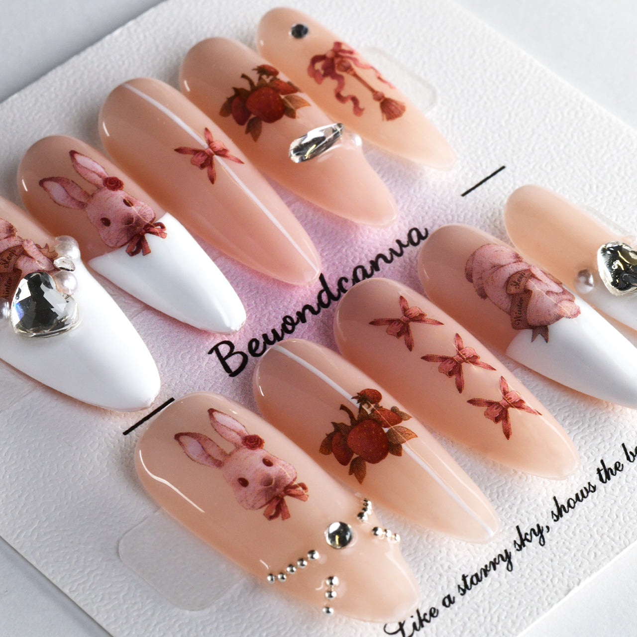 Elegant Pink Extra Long Almond Acrylic Rabbit Handmade Press On Nails With Diamonds-BEYONDCANVA