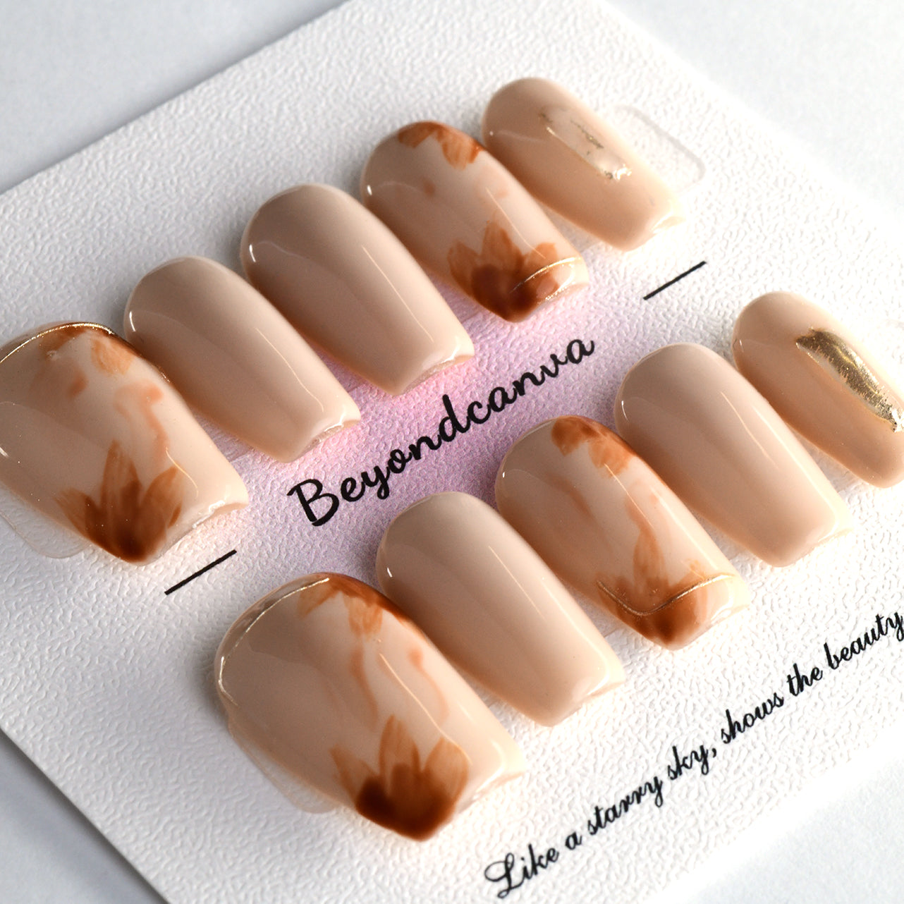 Exquisite Brown Medium Coffin Glossy Handmade Press On Nails With Shining-BEYONDCANVA