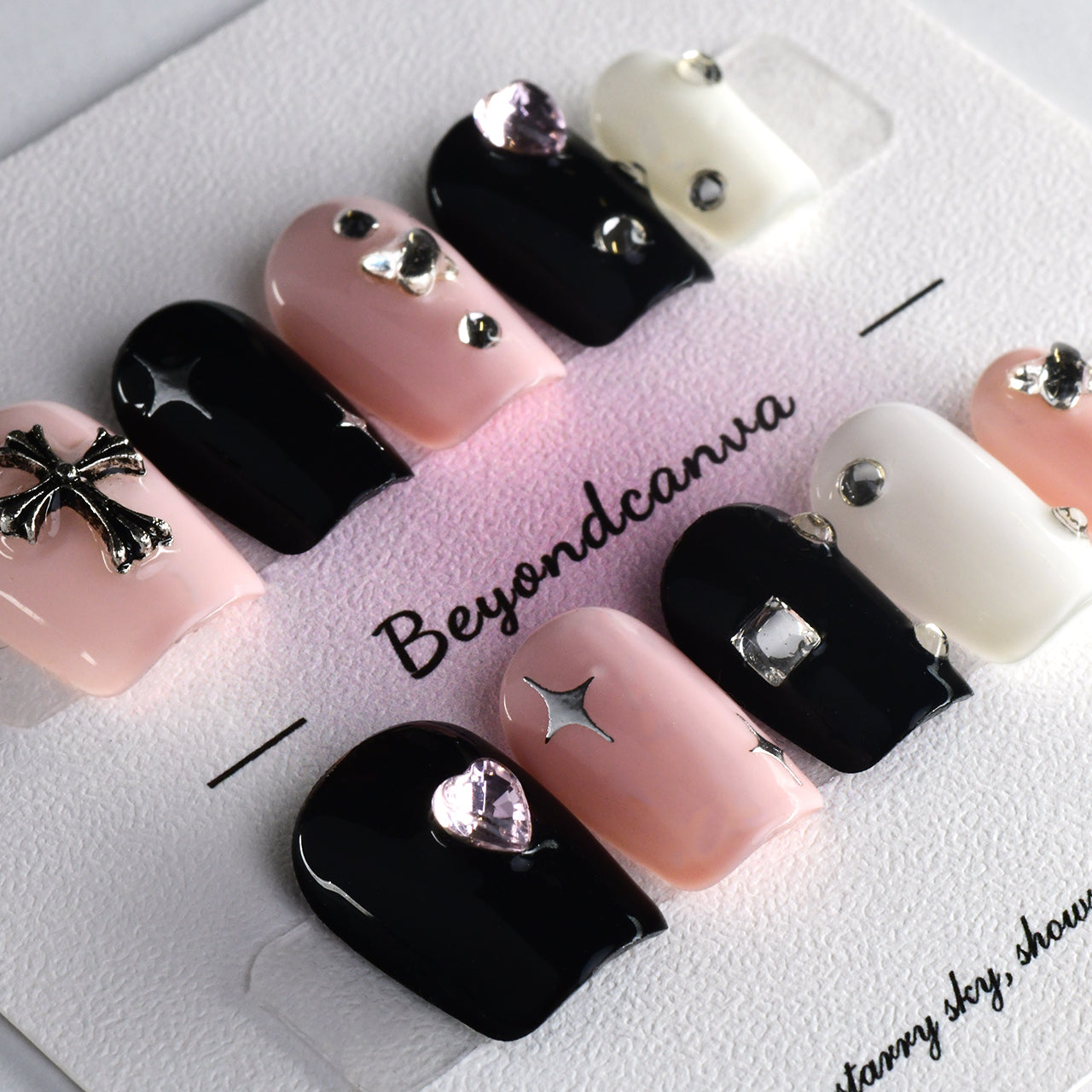 Exquisite Pink Coffin Short Acrylic Handmade Press On Nails With Diamond BEYONDCANVA
