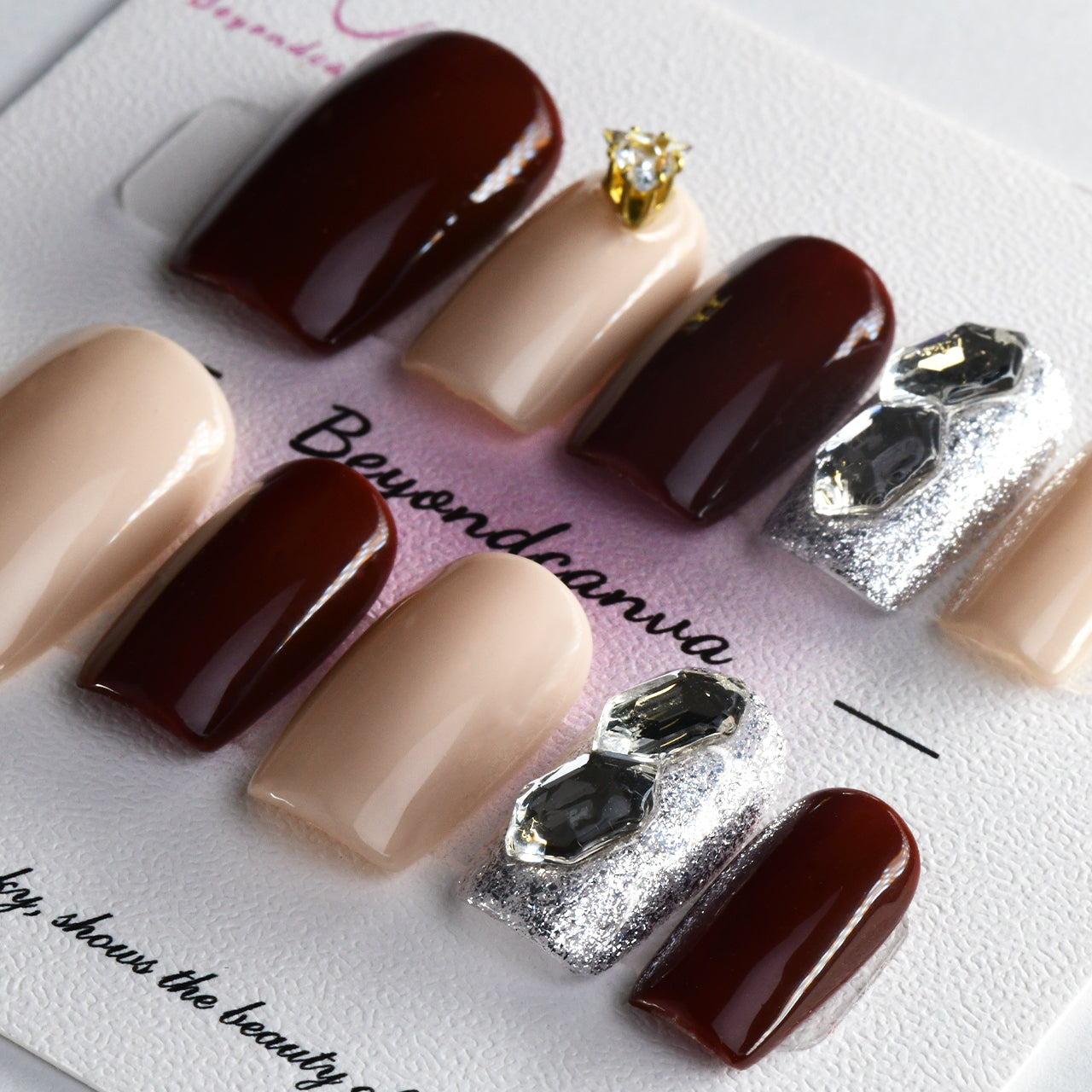 French Brown Coffin Ombre Glossy Square Medium Handmade Press On Nails With Rhinestones-BEYONDCANVA