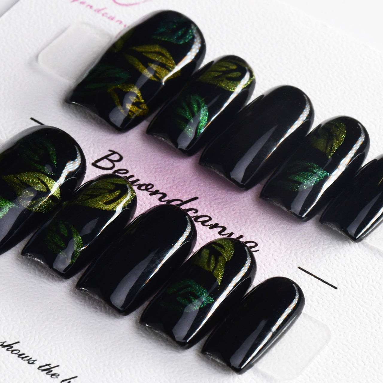 Elegant Green Glossy Acrylic Square Medium Handmade Press On Nails BEYONDCANVA