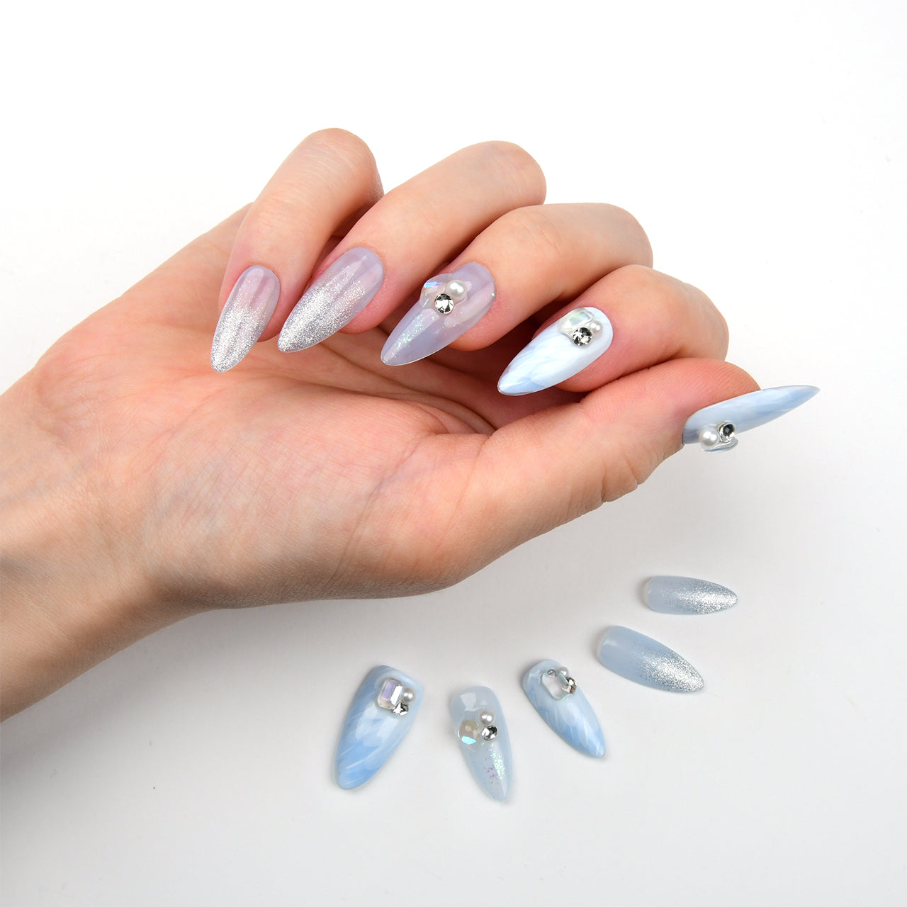 Sparkle Blue Acrylic Long Almond Glitter Diamond Handmade Press On Nails BEYONDCANVA