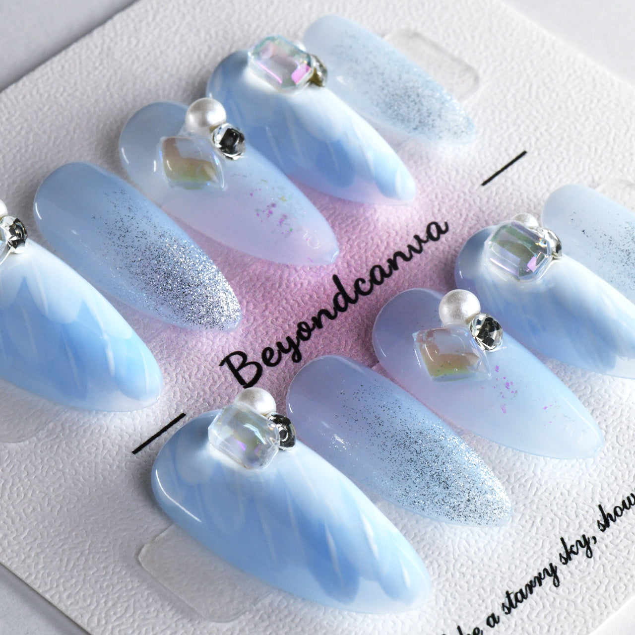 Bling Blue Acrylic Long Almond Glitter Diamond Handmade Press On Nails BEYONDCANVA