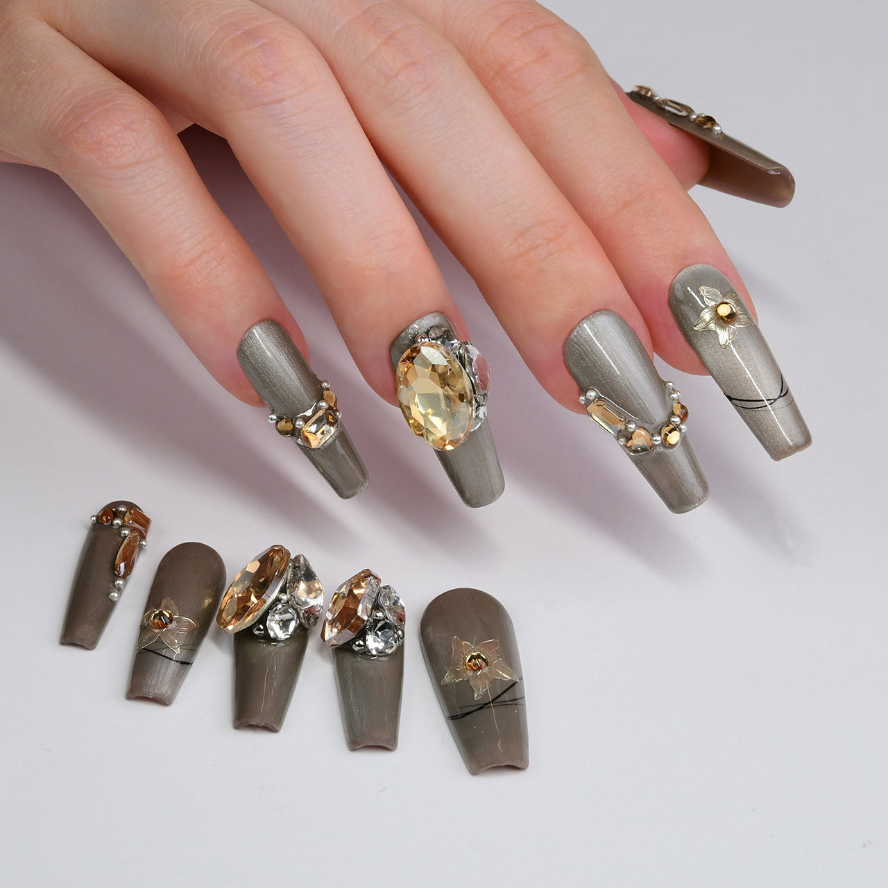 Exquisite Grey Extra Long Coffin Arcylic Handmade Press On Nails With Diamond -BEYONDCANVA