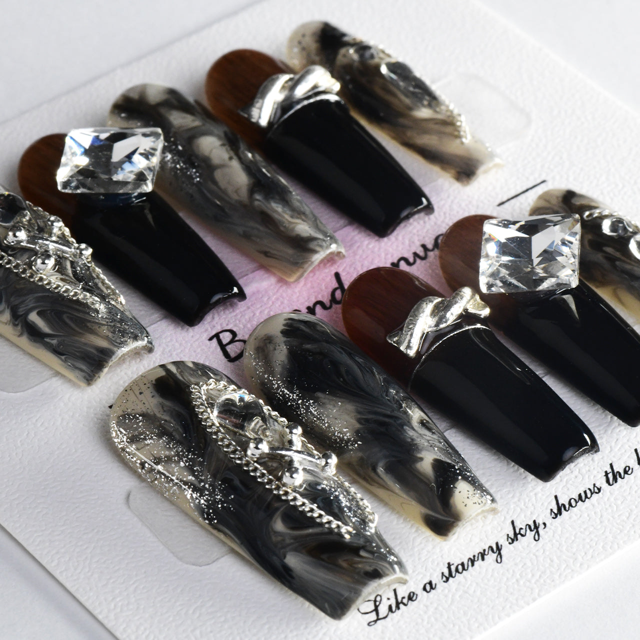 Elegant Black Onyx Extra Long Coffin Handmade Press On Nails With Diamond And Chains-BEYONDCANVA