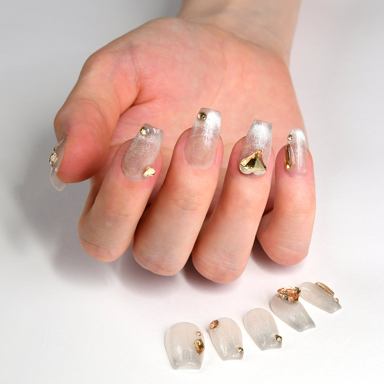 Bling White Acrylic Medium Coffin Cat Eyes Handmade Press On Nails BEYONDCANVA