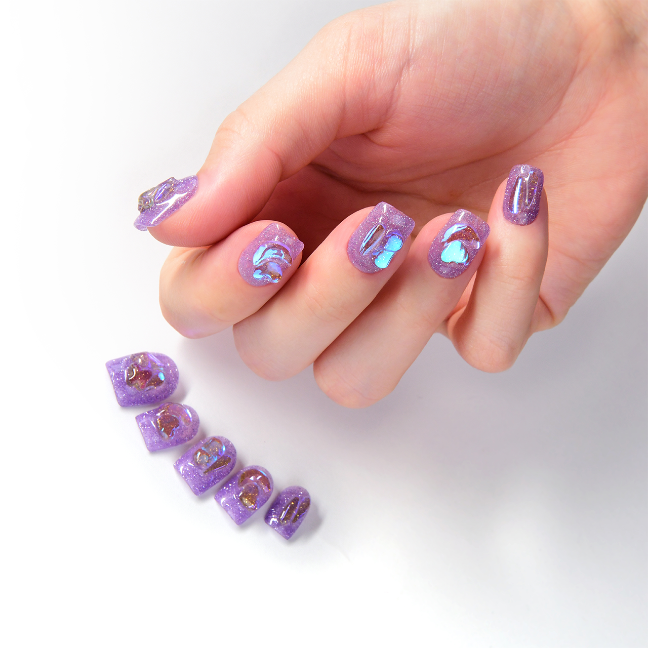 Elegant Purple Glitter Short Square Handmade Press 0n Nails With Rhinestones-BEYONDCANVA