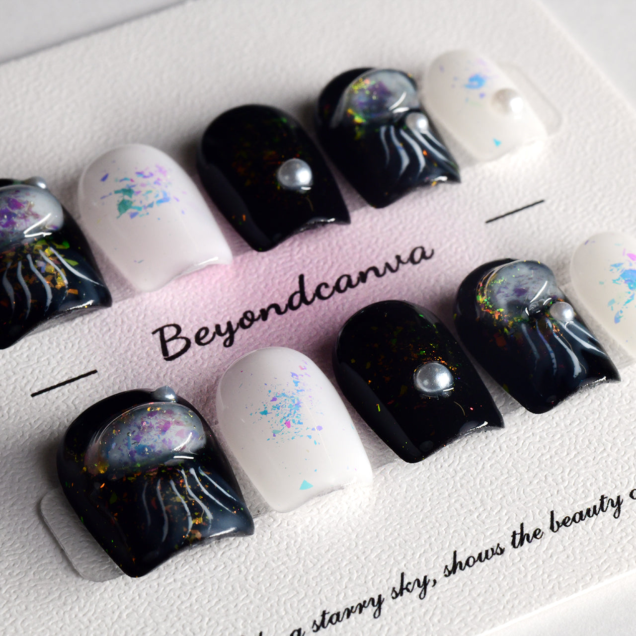 Lovely Black Short Coffin Animal Handmade Press On Nails With Pearl-BEYONDCANVA