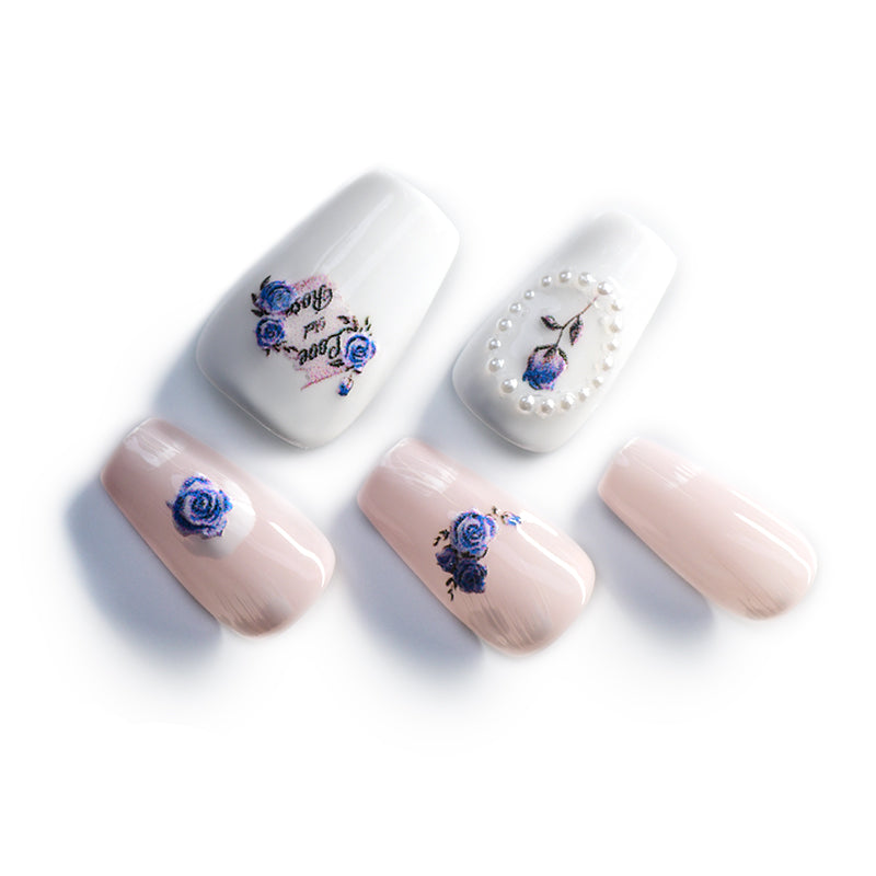 Elegant Pink With Blue Rose Acrylic Medium Coffin Glossy Handmade Press On Nails BEYONDCANVA