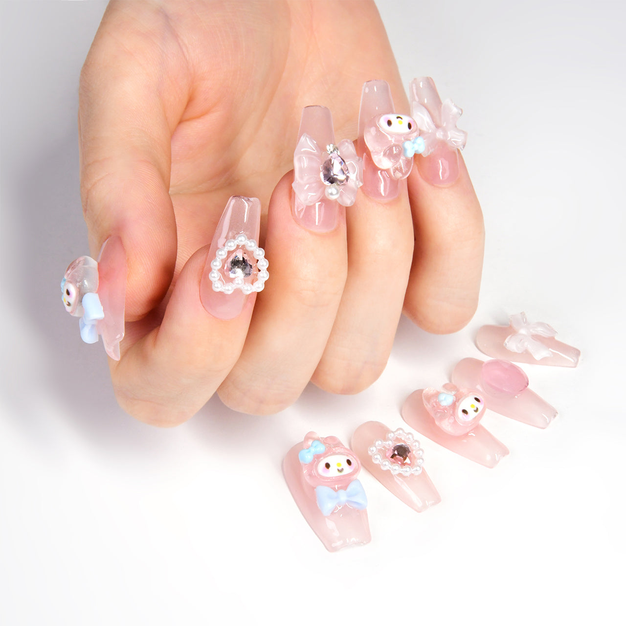 Cute Pink Coffin Long Handmade Press On Nails With Diamonds-BEYONDCANVA