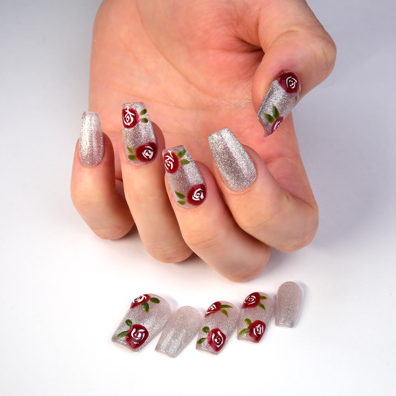 Exquisite Silver Medium Coffin Handmade Press On Nails With Red Rose Design-BEYONDCANVA