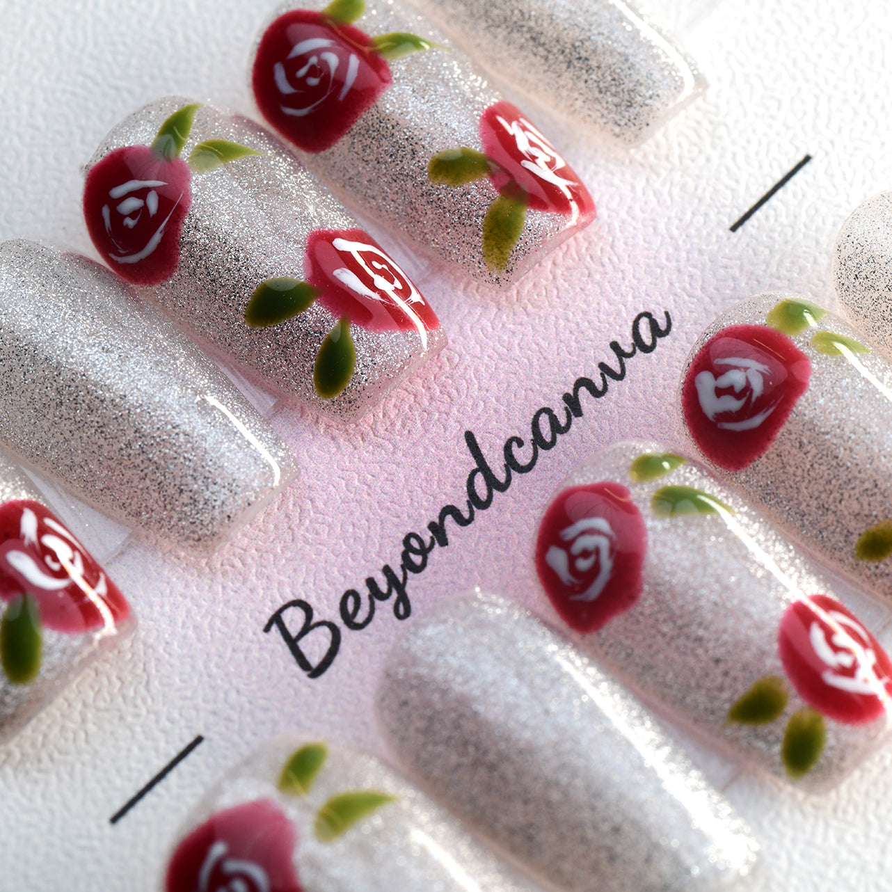 Classy Silver Medium Coffin Handmade Press On Nails With Red Rose Design-BEYONDCANVA