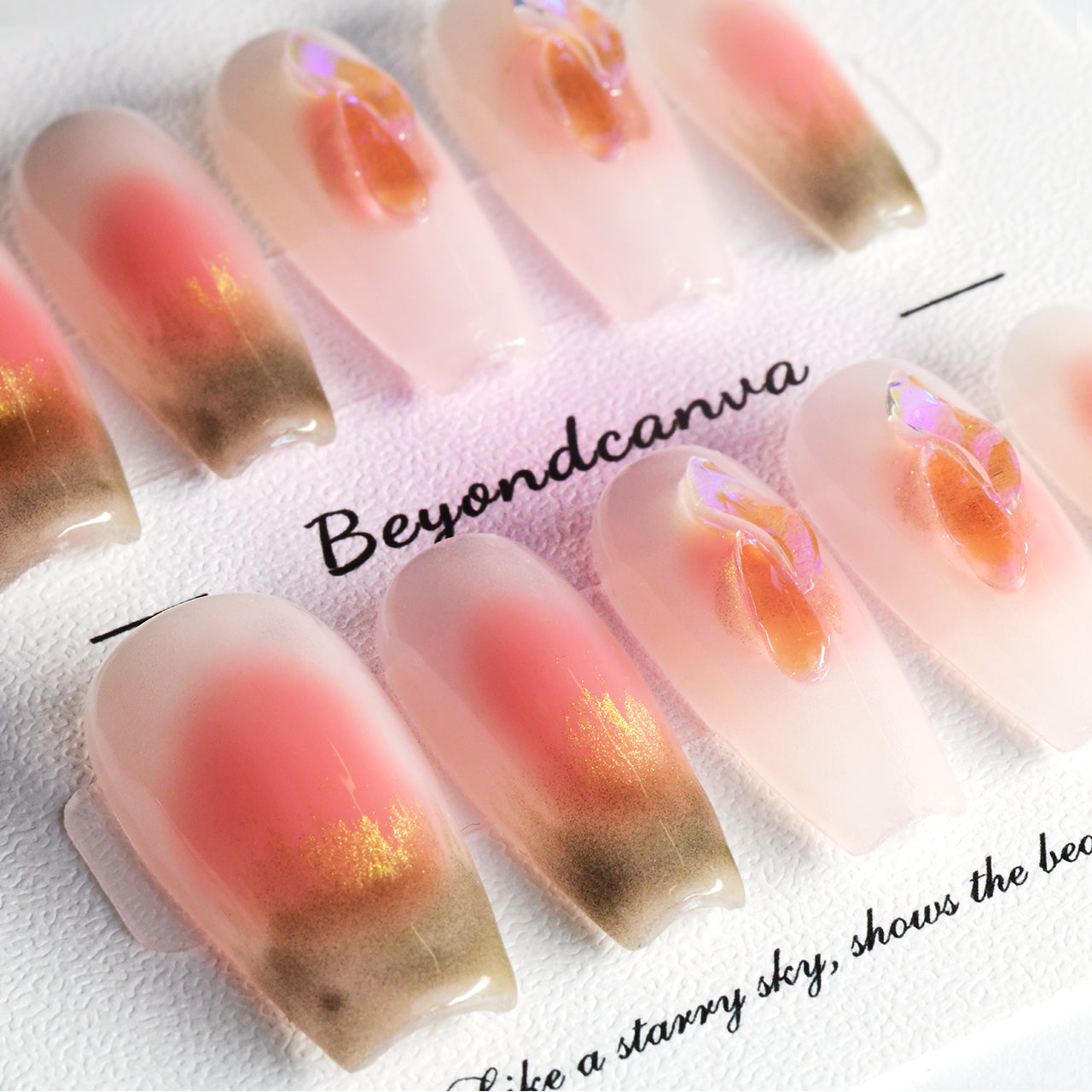 Glossy Pink Long Coffin Handmade Press On Chain Nails With Rhinestones-BEYONDCANVA