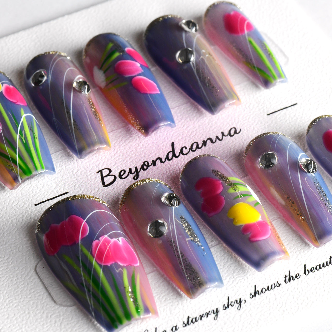 Exquisite Multi-Color Acrylic Long Coffin Glossy Handmade Press On Nails BEYONDCANVA