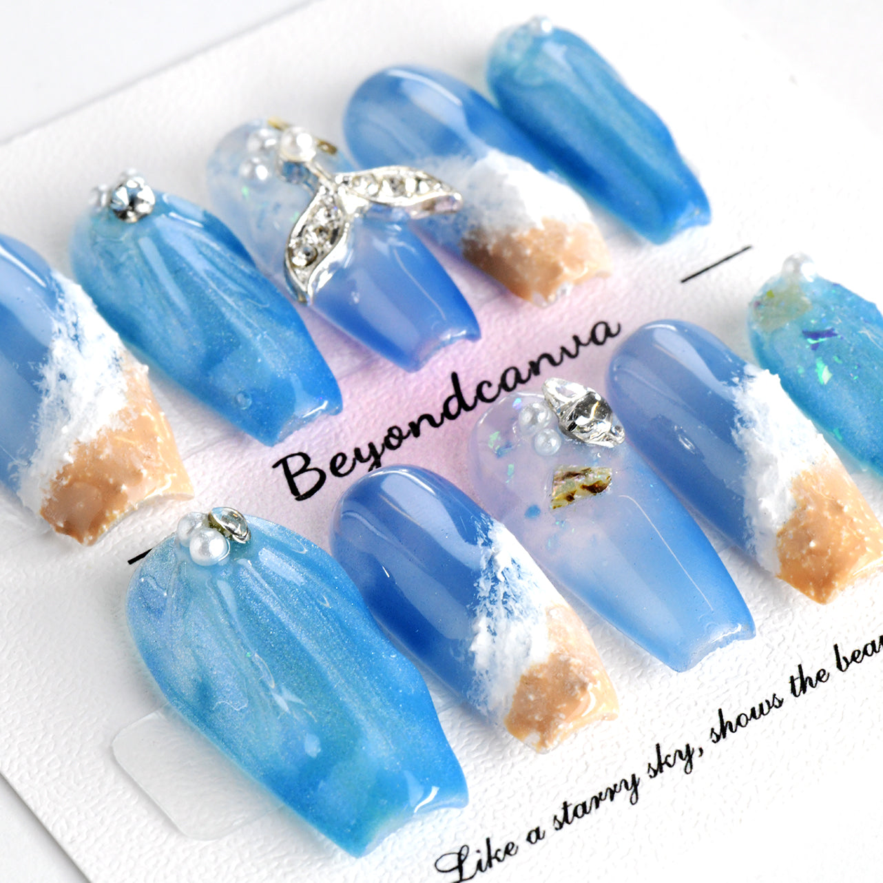 Elegant Blue Coffin Long Ombre Handmade Mermaid Press on Nails With Jewel-BEYONDCANVA