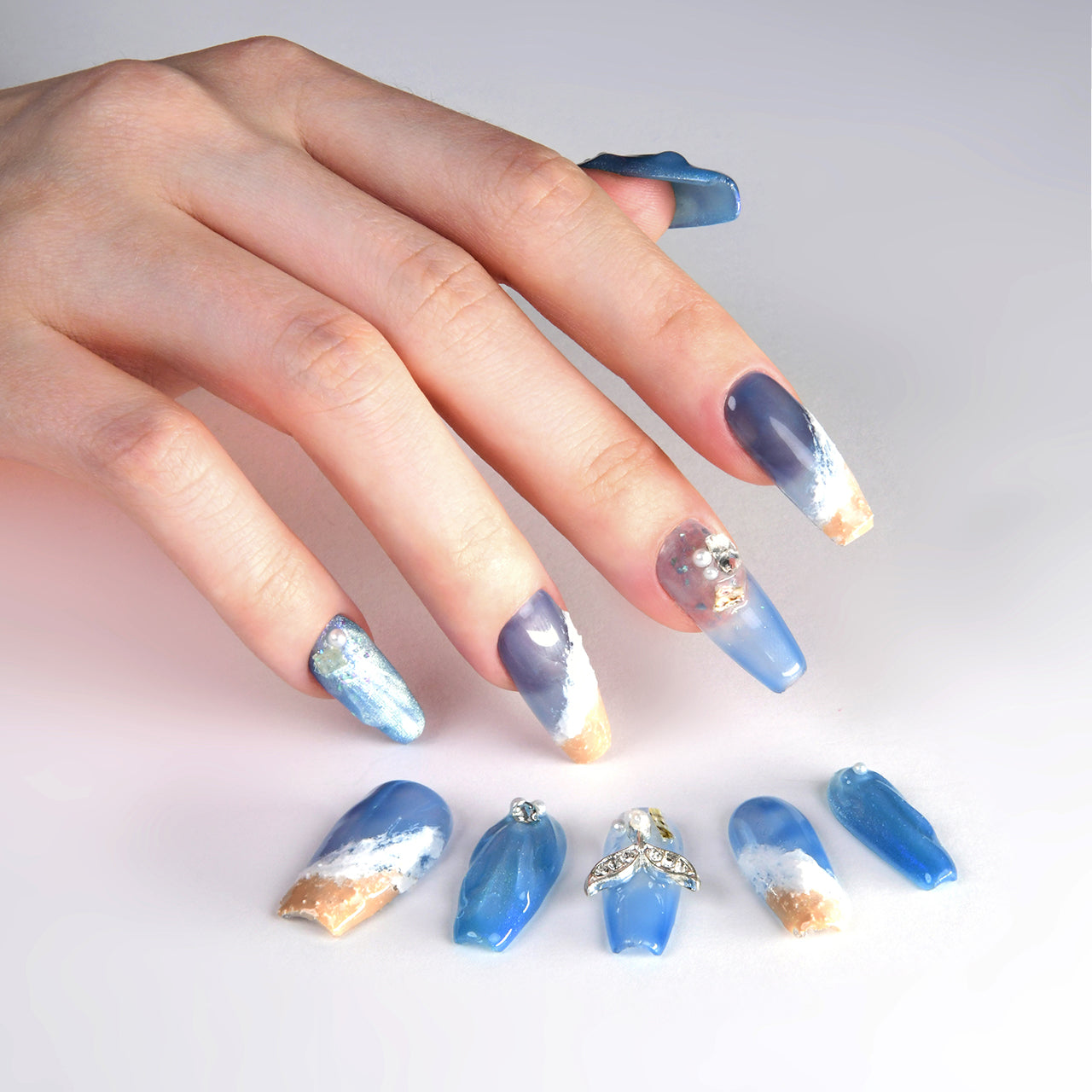 Sparkle Blue Coffin Long Ombre Handmade Mermaid Press on Nails With Jewel-BEYONDCANVA