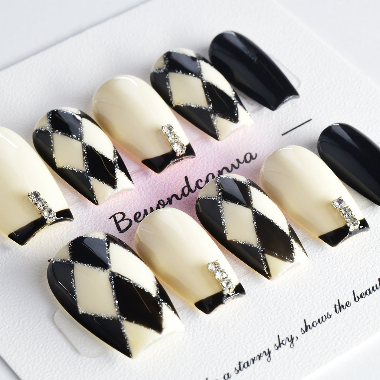 Sparkle Black And White Acrylic Medium Coffin Handmade Press On Nails BEYONDCANVA