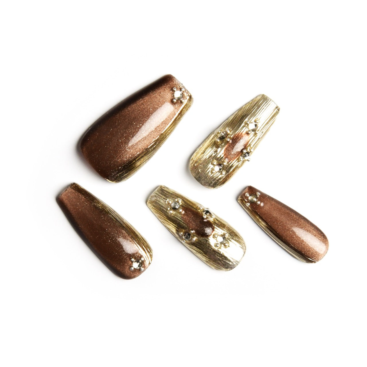 Elegant Gold Long Coffin Glitter Handmade Press On Nails With Diamond-BEYONDCANVA