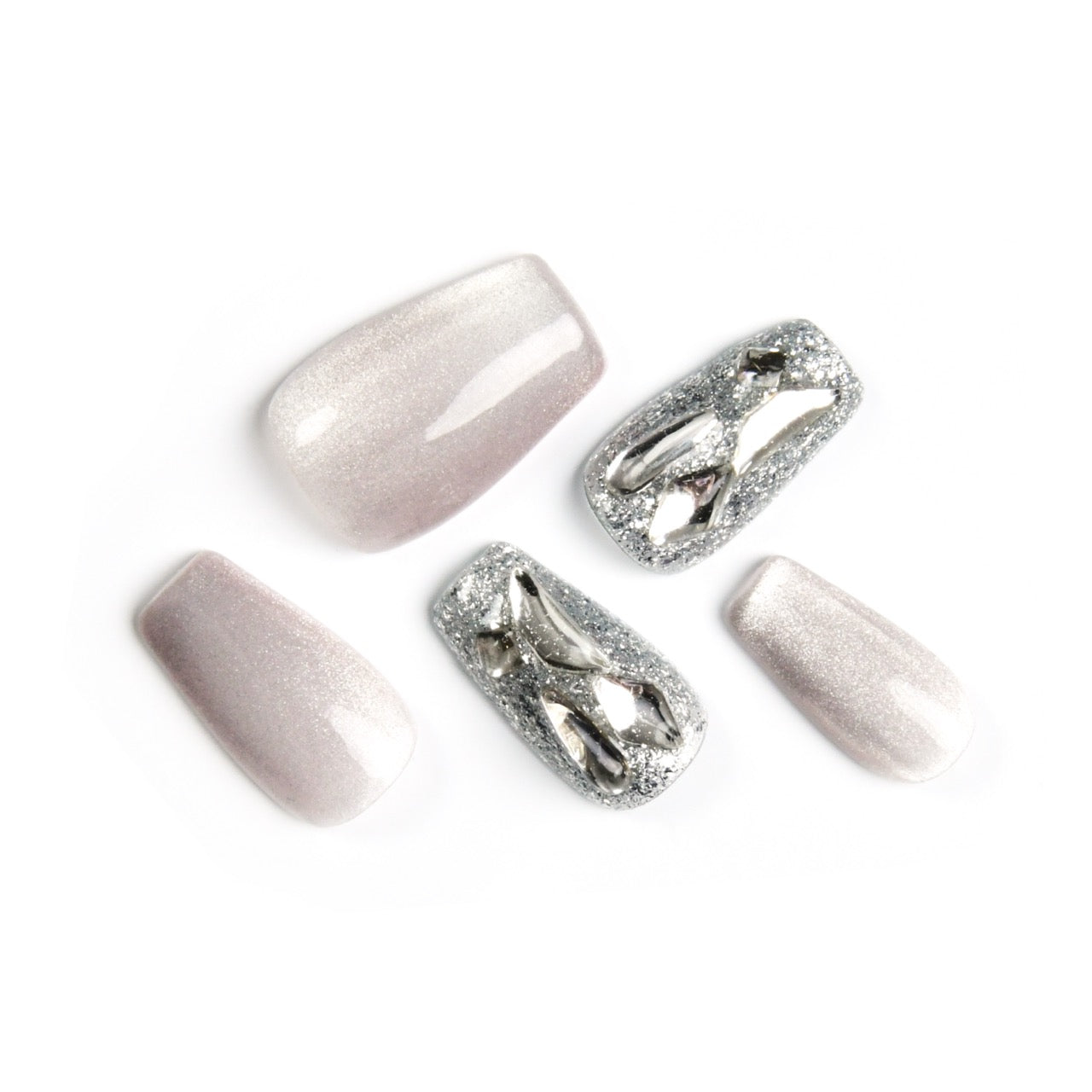 Glitter Silver Acrylic Coffin Medium Handmade Press On Nails With Diamond-BEYONDCANVA 