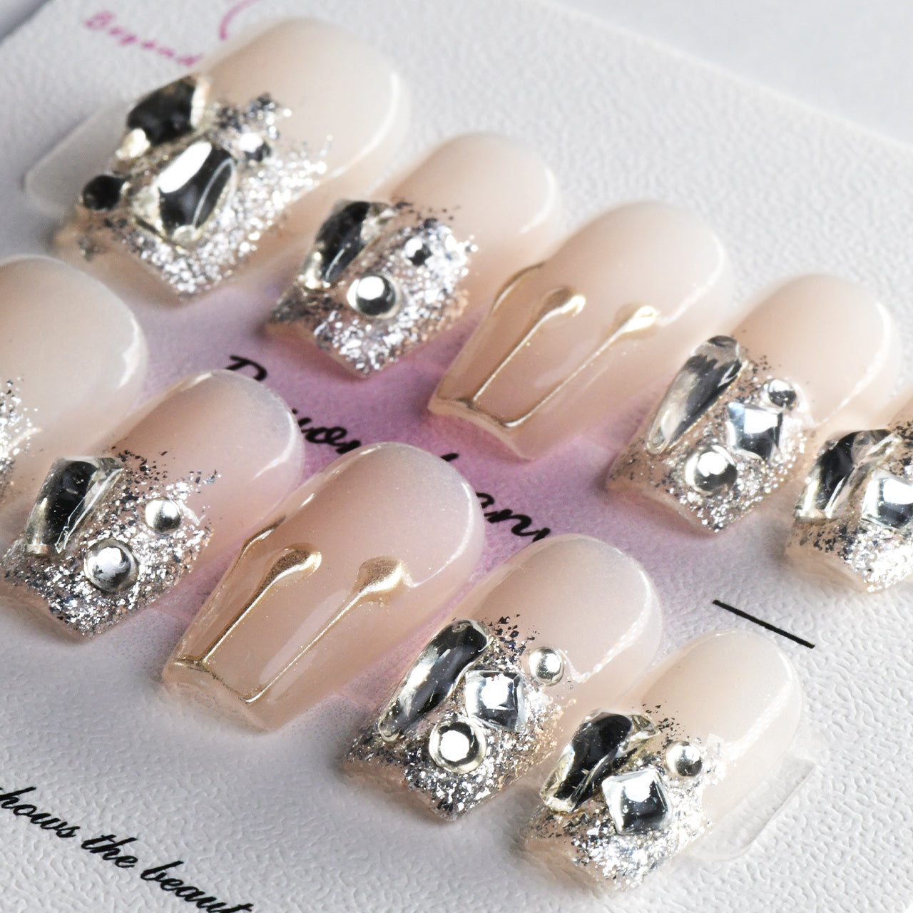 Diamond Silver Acrylic Medium Coffin Glitter Solid Handmade Press On Nails BEYONDCANVA