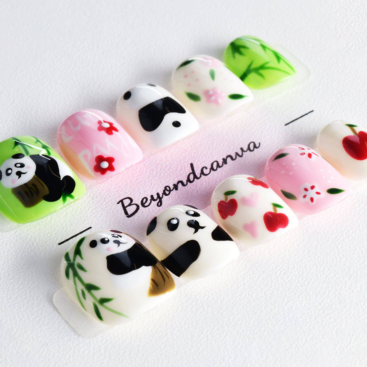 Exquisite Squoval Short Bamboo Panda Handmade Press on Nails With Multi-Color-BEYONDCANVA