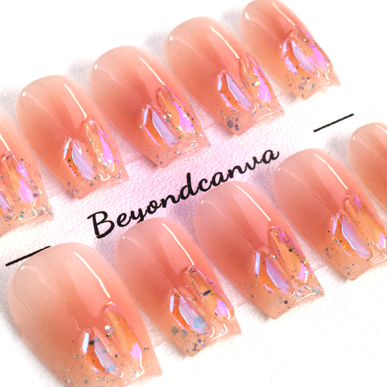 Spring Pink Acrylic Medium Coffin Handmade Press On Nails With Diamond-BEYONDCANVA