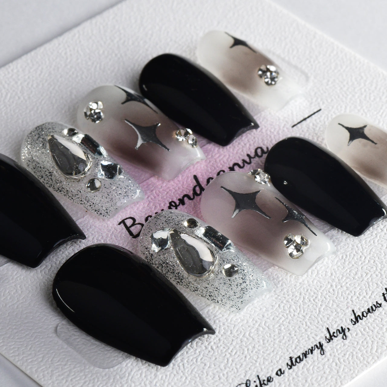 Black Medium Coffin Ombre Handmade Press On Nails With Diamonds BEYONDCANVA