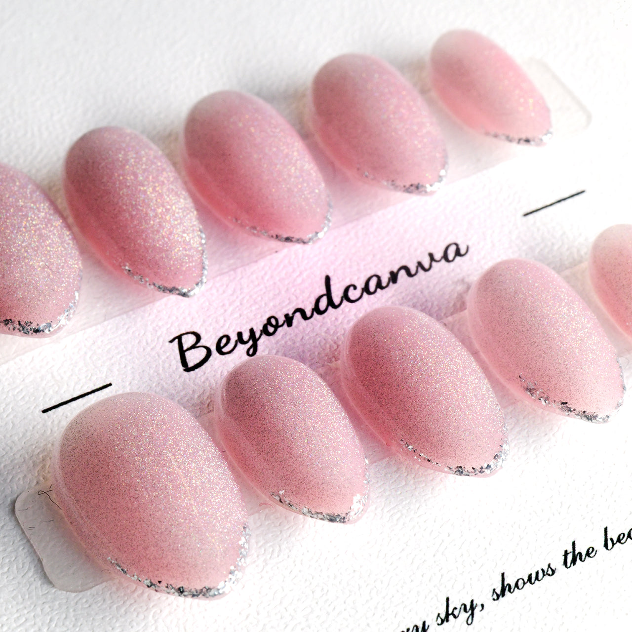Bling Pink Acrylic Medium Almond Glitter Solid Handmade Press On Nails BEYONDCANVA