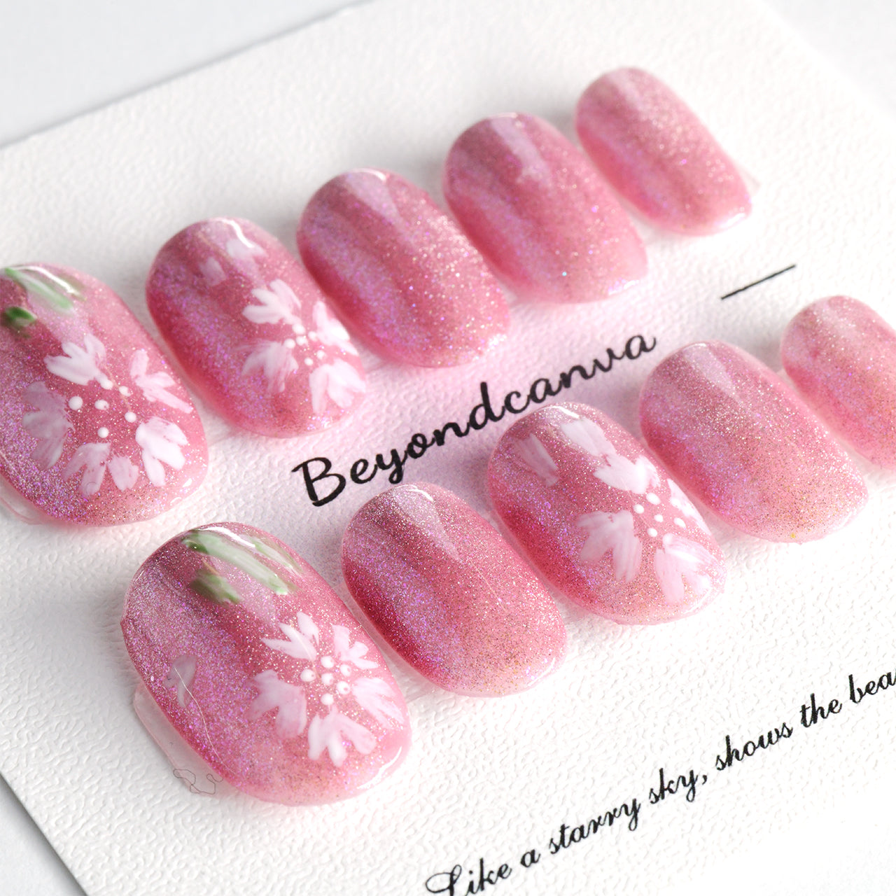 Exquisite Pink Oval Medium Handmade Press On Nails With Floral Design-BEYONDCANVA