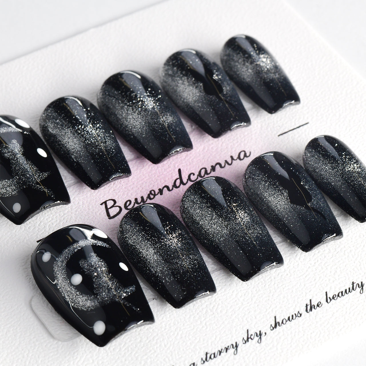 Bling Black Medium Acrylic Coffin Cat Eyes Handmade Press On Nails BEYONDCANVA