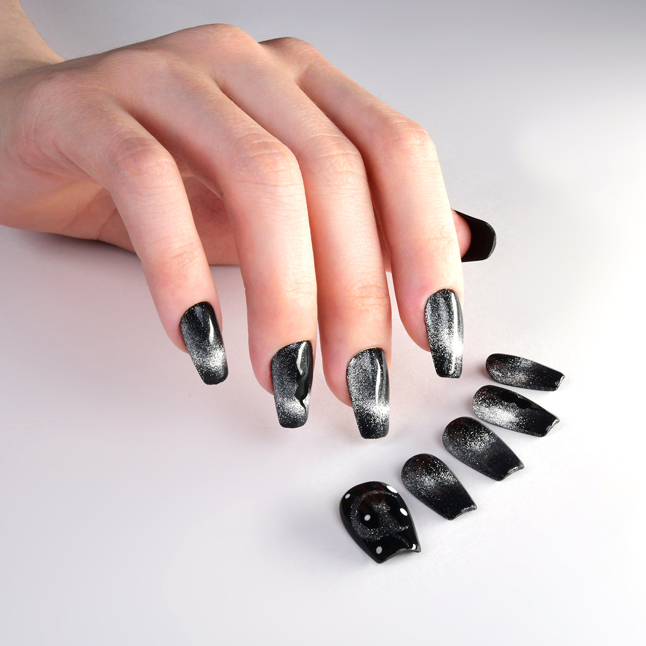 Exquisite Sparkle Black Medium Acrylic Coffin Cat Eyes Handmade Press On Nails BEYONDCANVA