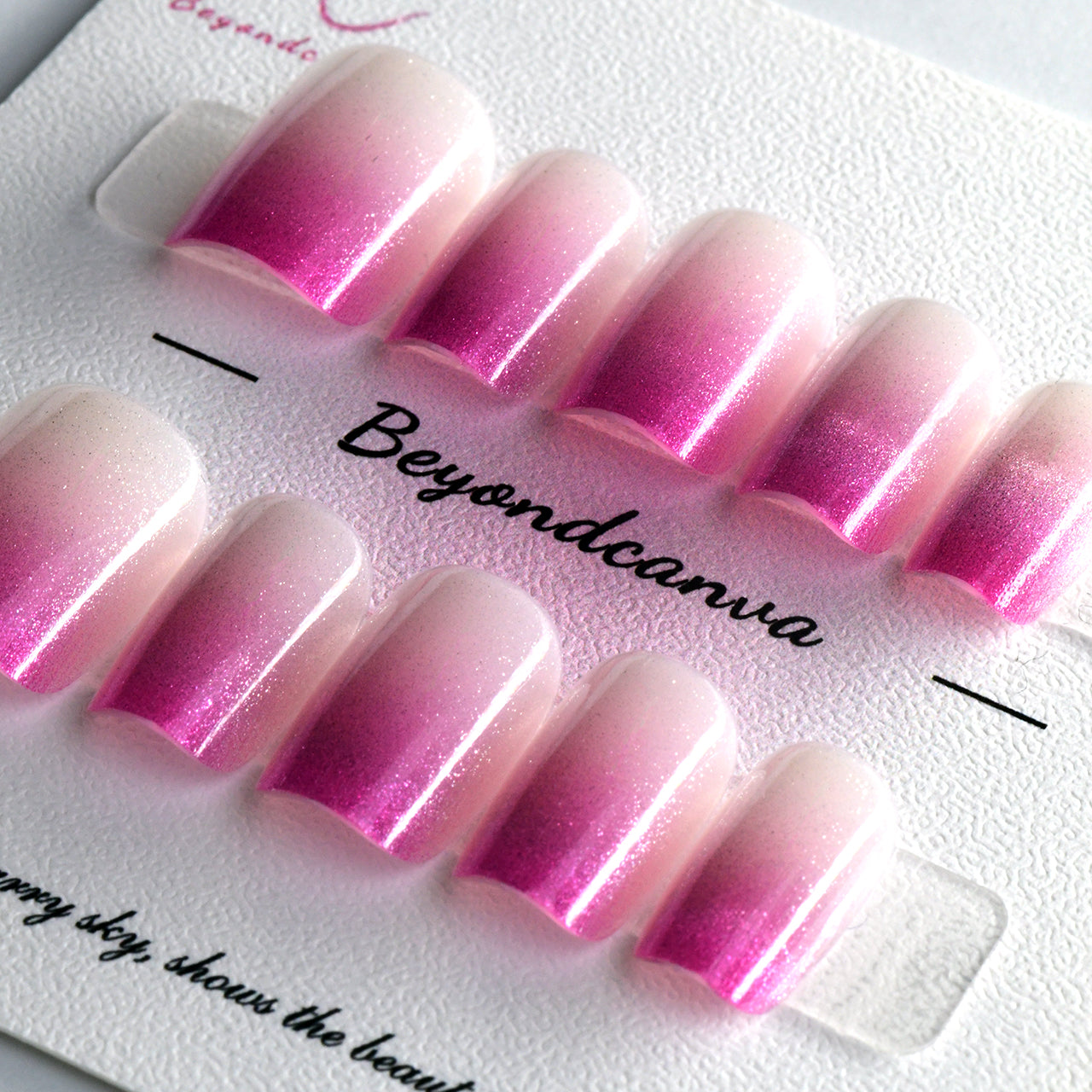 Sparkle Ombre Pink Short Coffin Handmade Press On Nails With Cat Eyes BEYONDCANVA