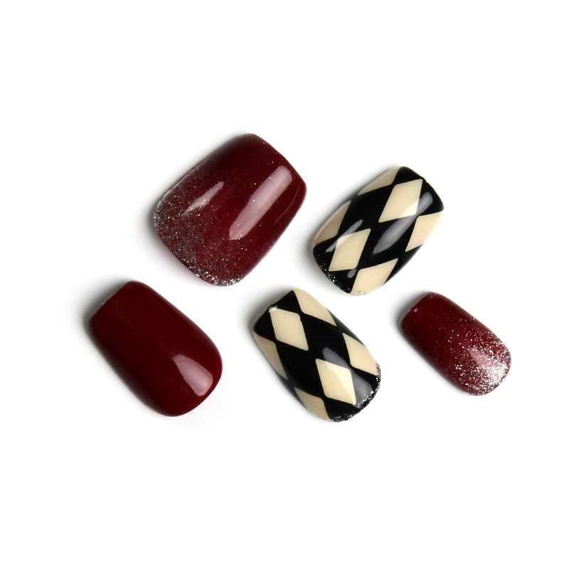 Red French Short Coffin Glossy Colorblock Handmade Press On Nails BEYONDCANVA