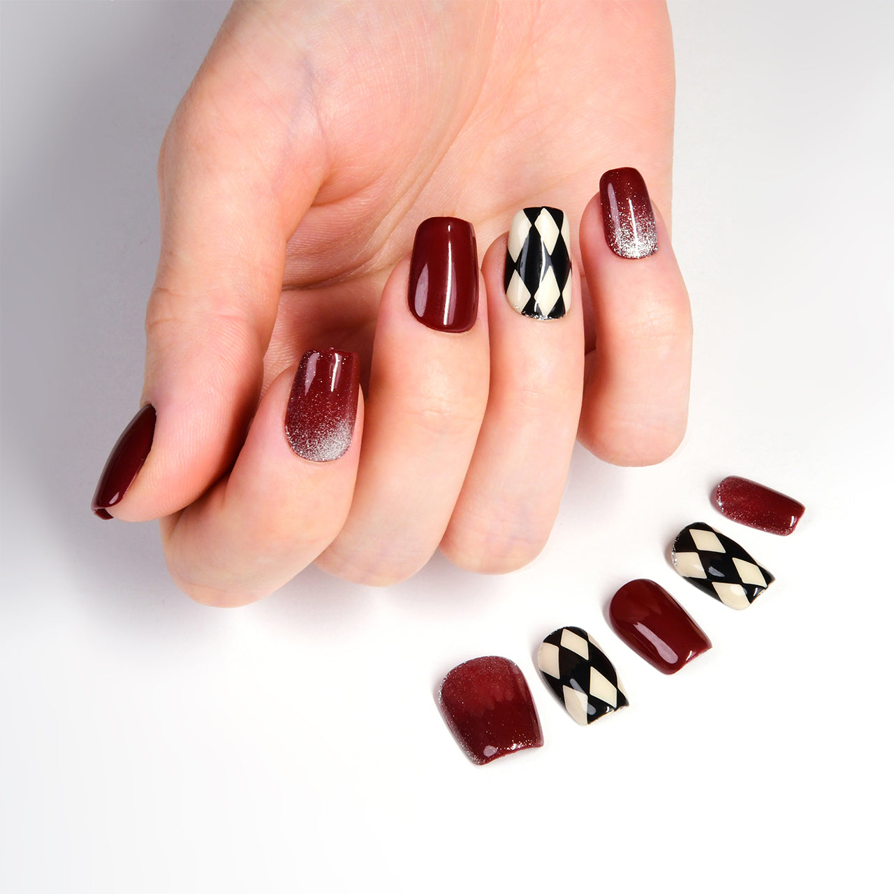 Red Exquisite Short Coffin Glossy Colorblock Handmade Press On Nails BEYONDCANVA