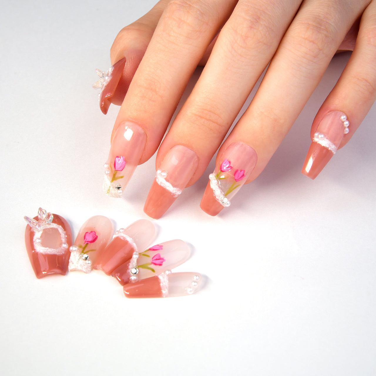 Elegant Pink Acrylic Long Coffin Glossy Jewel Handmade Press On Nails BEYONDCANVA