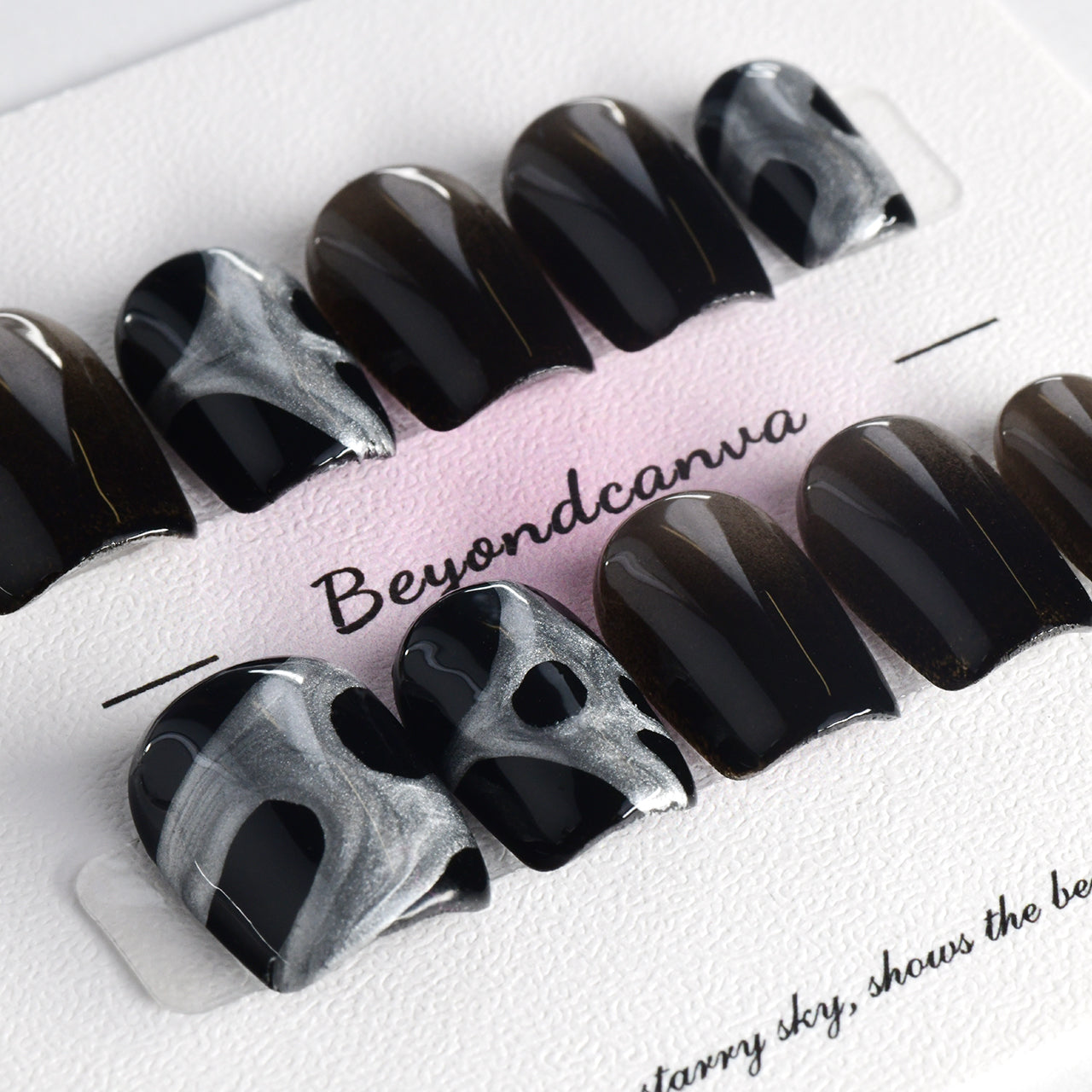 Exquisite Black Acrylic Short Coffin Glossy Cat Eyes Handmade Press On Nails BEYONDCANVA