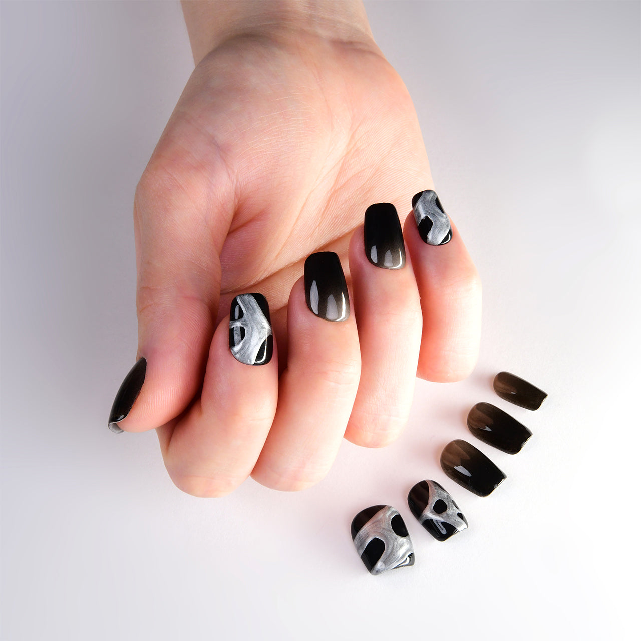Elegant Black Acrylic Short Coffin Glossy Cat Eyes Handmade Press On Nails BEYONDCANVA