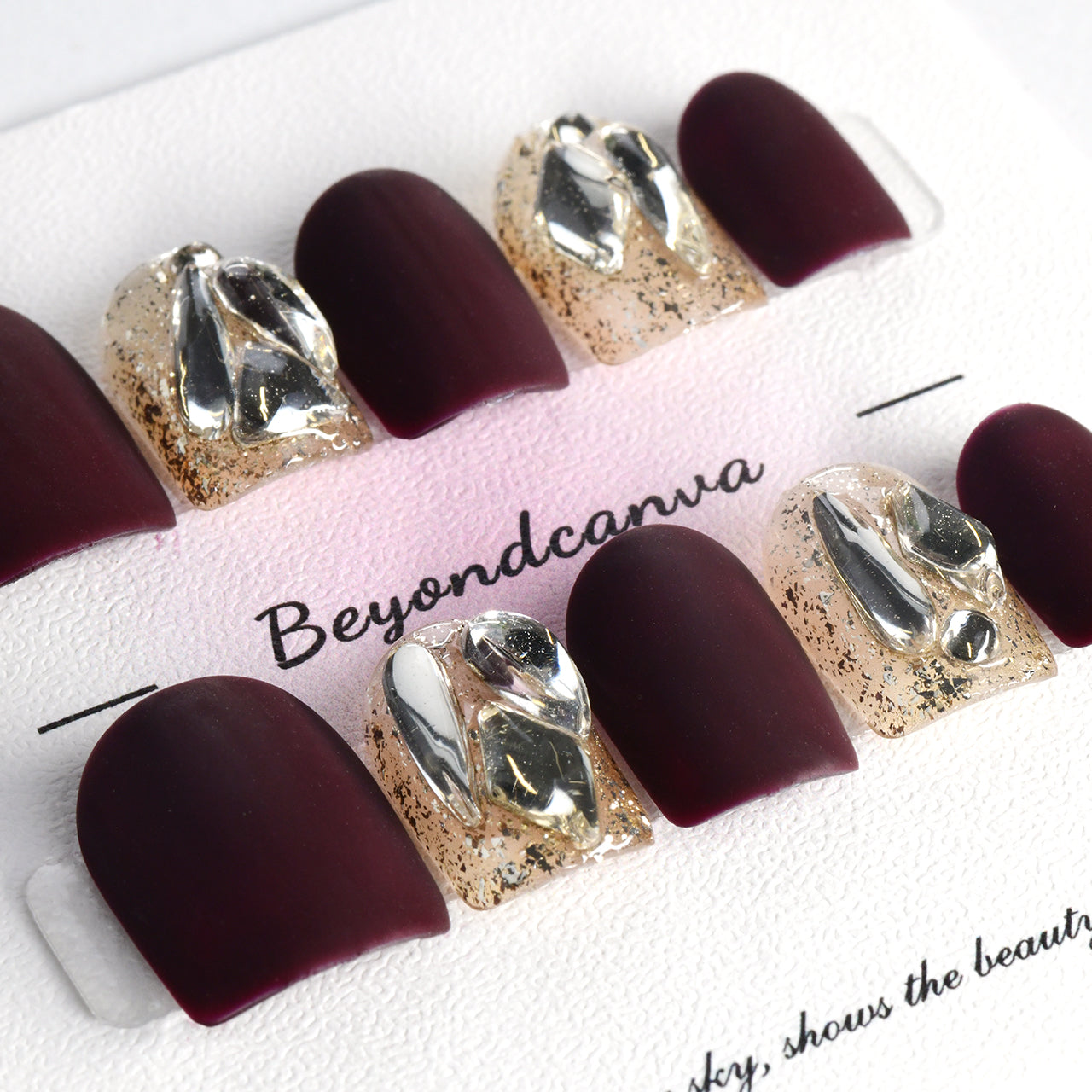Sparkle Red Coffin Ombre Glossy Square Medium Handmade Press On Nails With Rhinestones-BEYONDCANVA
