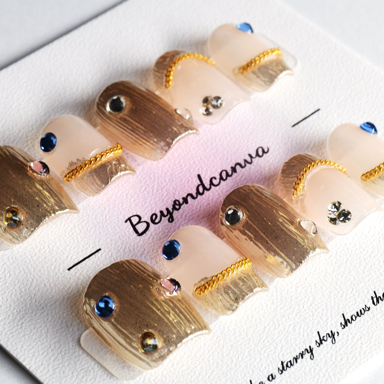 Exquisite Gold Short Square Handmade Press On Nails With Rhinestones-BEYONDCANVA