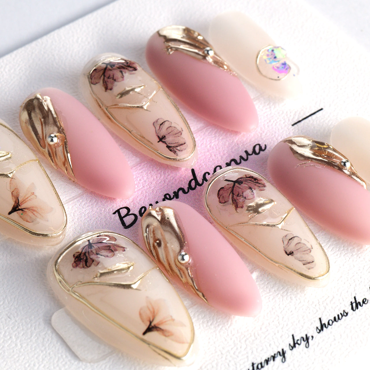Glossy Pink Long Almond Acrylic Floral Handmade Press On Nails BEYONDCANVA
