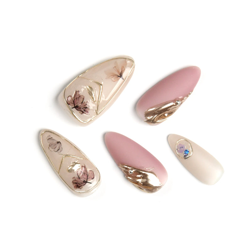 Exquisite Pink Long Almond Acrylic Floral Handmade Press On Nails BEYONDCANVA