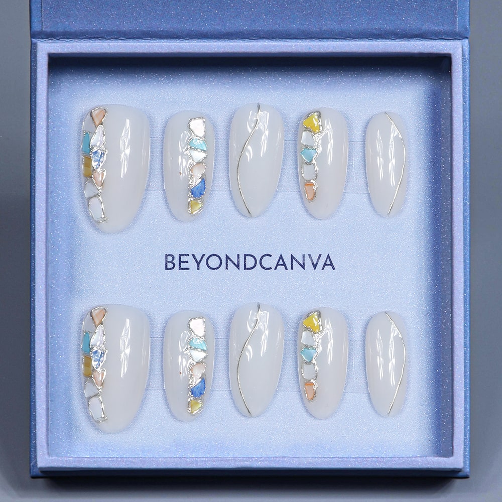 Beyondcanva press-on nails featuring colorful stained glass details and a glossy finish, adding elegance to any look.