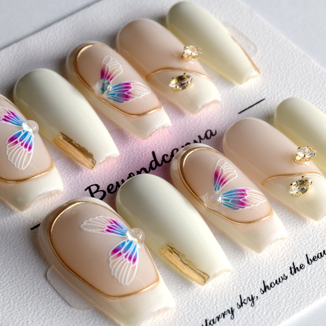 Aesthetic White Acrylic Coffin Long Butterfly Handmade Press On Nails BEYONDCANVA