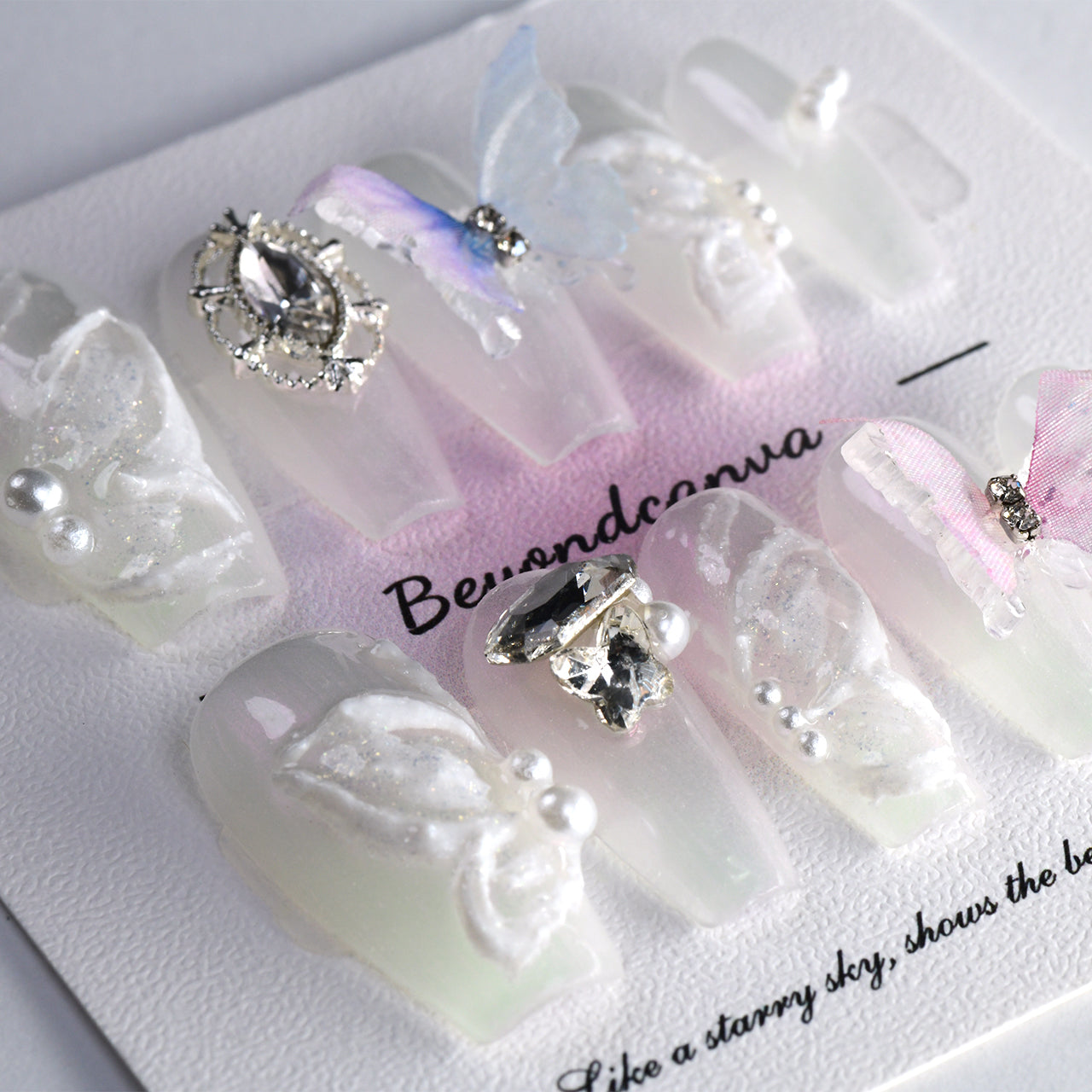 Aesthetic White Coffin Long Butterfly Acrylic Handmade Press On Nails With Jewel-BEYONDCANVA