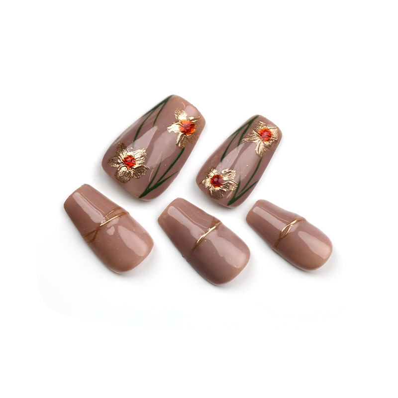 Brown Acrylic Glossy Medium Coffin Handmade Press On Nails With Floral Design-BEYONDCANVA