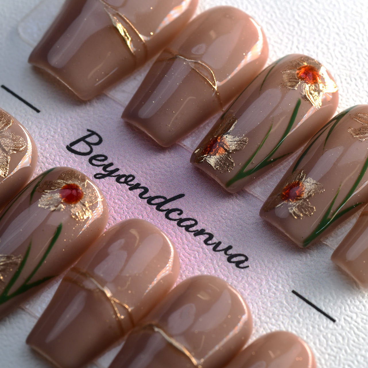 Glossy Brown Acrylic Glossy Medium Coffin Handmade Press On Nails With Floral Design-BEYONDCANVA